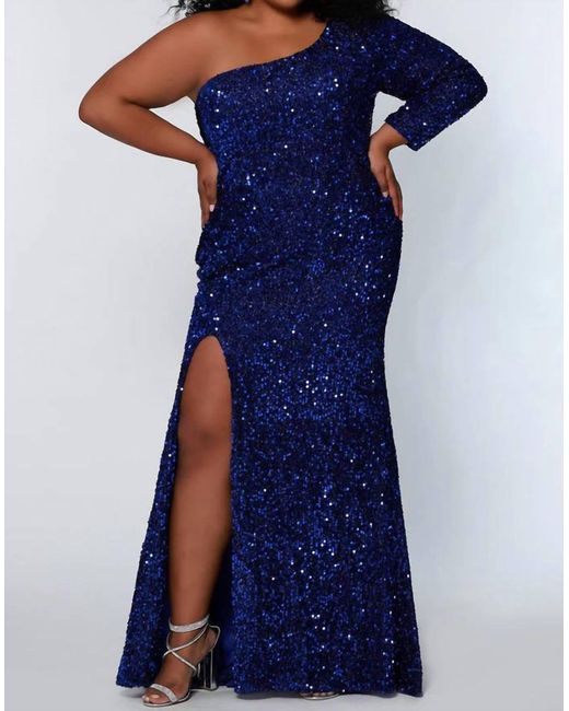 Sydney's Closet Blue Asymmetric Sequin Formal Dress