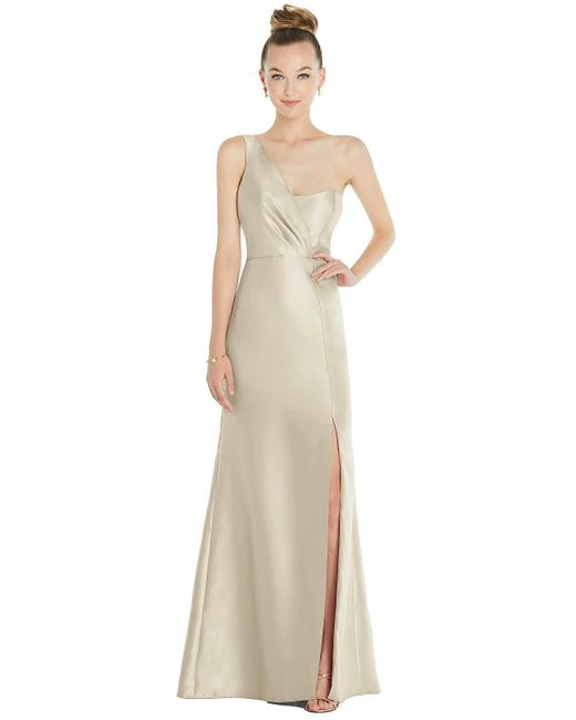 Alfred Sung Natural Draped One-shoulder Satin Trumpet Gown With Front Slit
