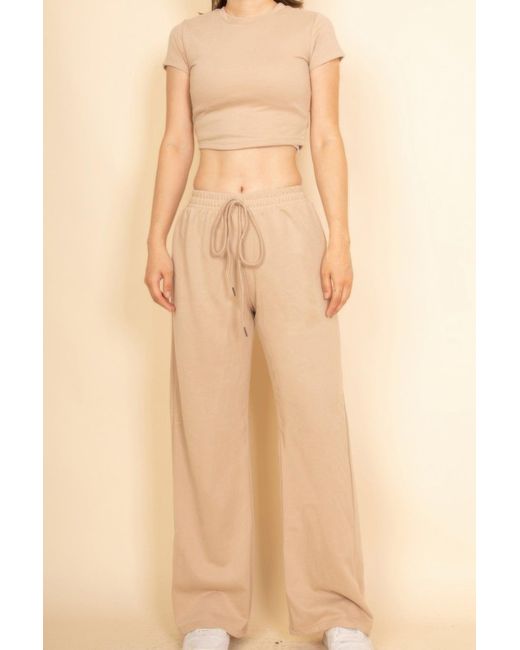 TRUEDAMES Natural 2-Piece Crop Tee & Wide Leg Lounge Pants Set
