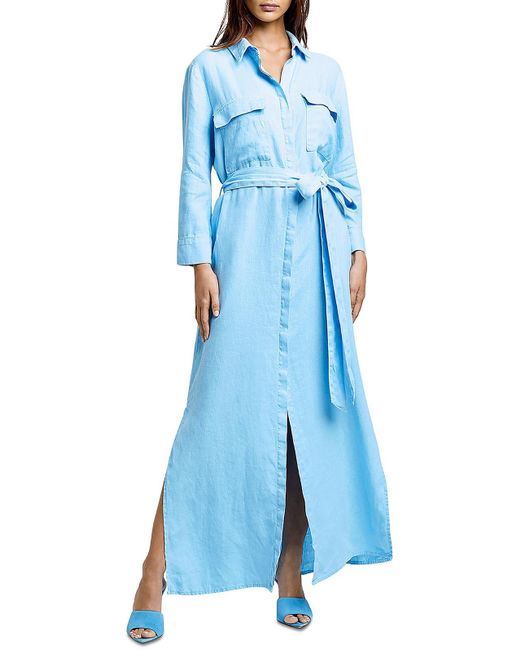 L'Agence Linen Maxi T-shirt Dress in Blue | Lyst