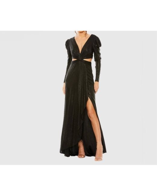 Ieena for Mac Duggal Black Princess Sleeve Cut Out Metallic Gown