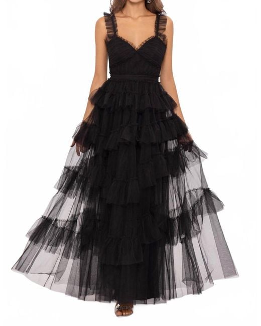 Betsy & Adam Gigi Long Ruffle Mesh Dress in Black