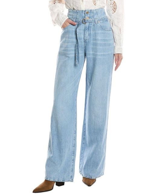 7 For All Mankind Blue Belted Wide-Leg Linen-Blend Trouser