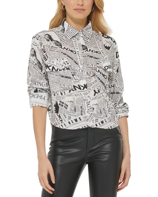 DKNY Gray Printed Hi-low Button-down Top
