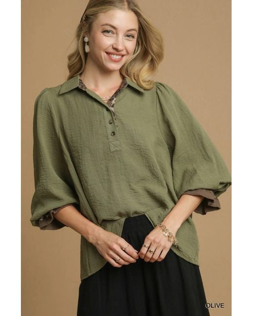 TRUEDAMES Green Half Button Blouse With Leopard Print Trim