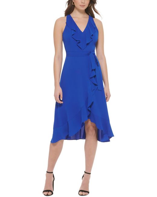 Kensie Blue Asymmetric Mid-calf Wrap Dress