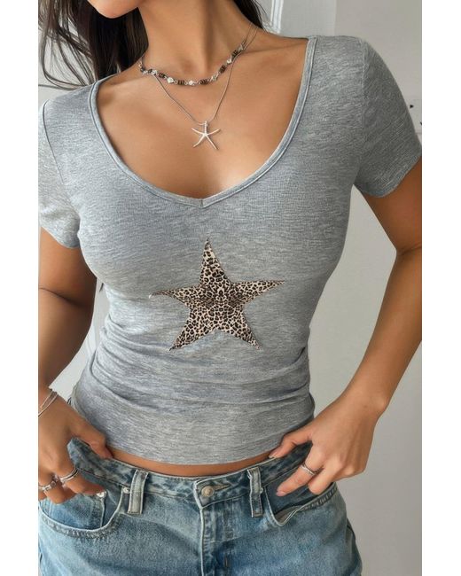TRUEDAMES Gray Elastic Leopard Star Short Sleeve Fit T Shirt