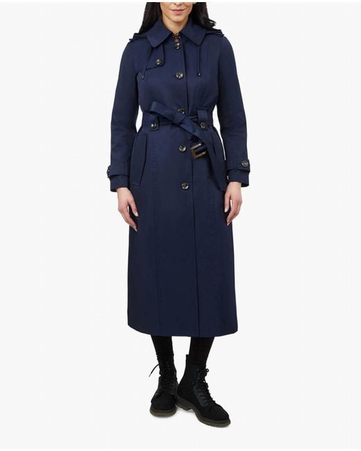 London Fog Women's Blue Single Breasted Hooded Maxi Trench With Belt