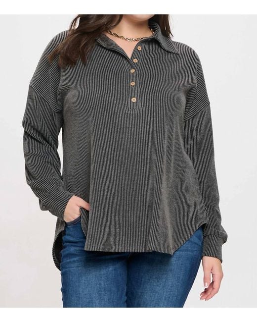 Blu Pepper Gray Pinstripe Collared Half Button Knit Top