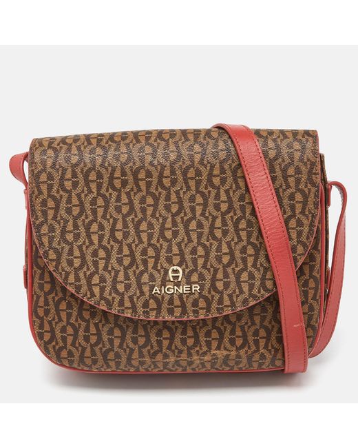 Aigner Brown /red Signature Coated Canvas And Leather Crossbody Bag