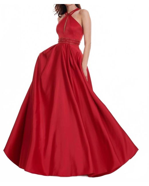 Rachel Allan Red Matte Satin Halter Neck Prom Gown