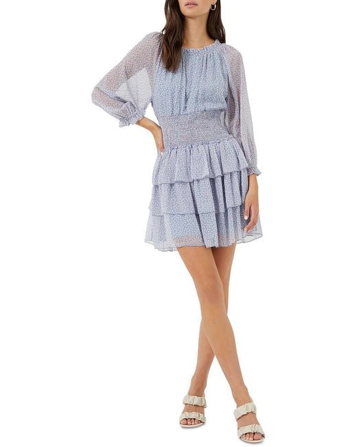 French Connection Blue Smocked Tiered Mini Dress