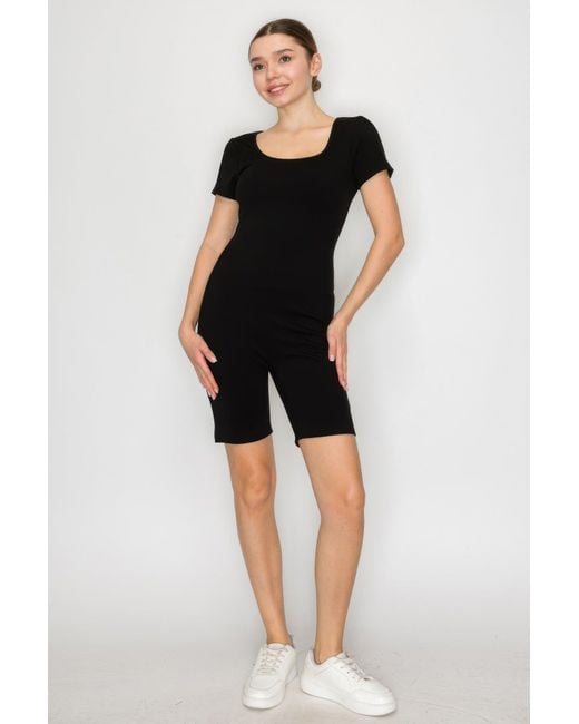 TRUEDAMES Black Scoop Short Sleeve Rib Romper