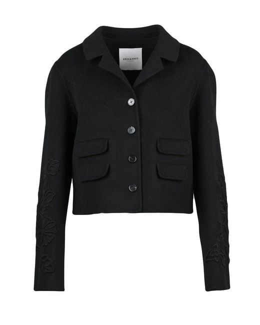 ERMANNO FIRENZE Black Wool-Blend Button Short Jacket