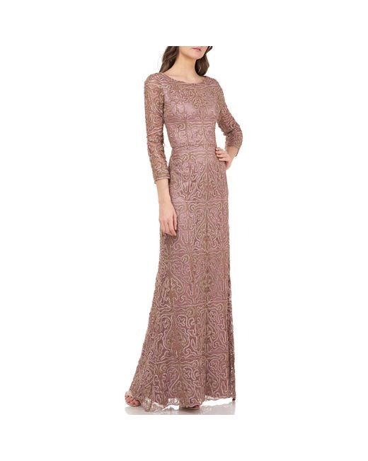 JS Collections Brown Metallic Soutache Evening Dress