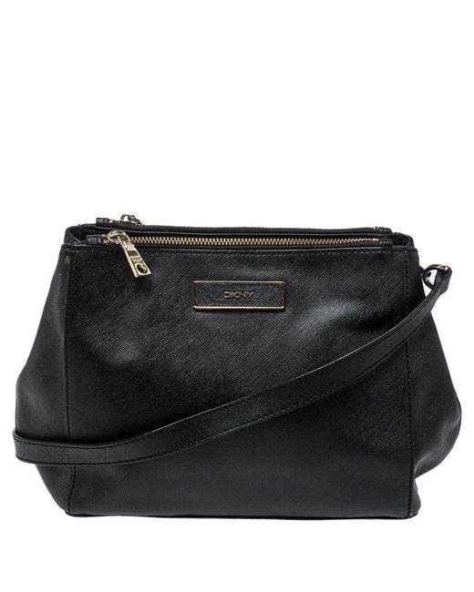 DKNY Black Leather Double Zip Shoulder Bag