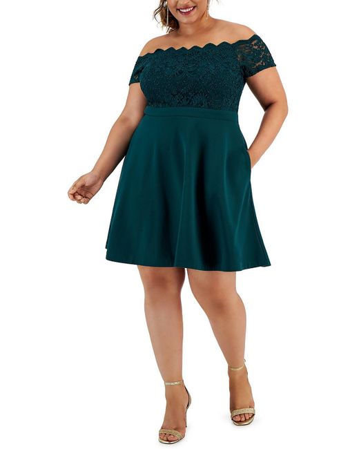 City Studios Green Plus Lace Trim Mini Fit & Flare Dress