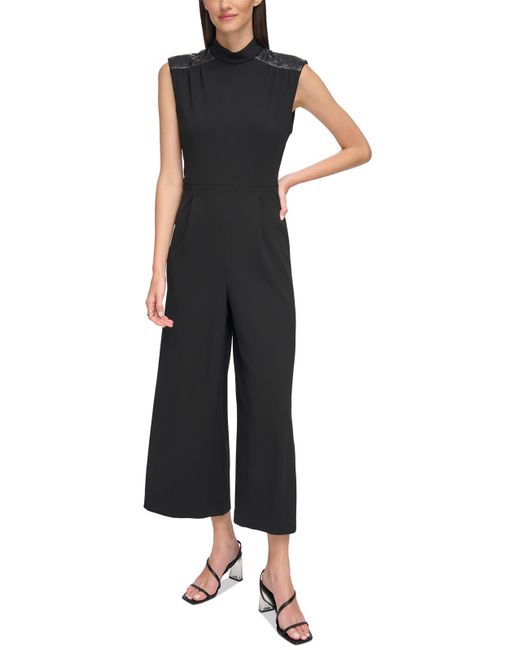 Calvin Klein Black Faux Leather Trim Polyester Jumpsuit