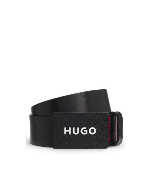 HUGO Black Matte Leather Belt With Branded Plaque Buckle for men
