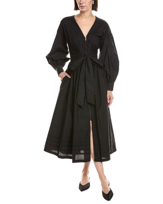 Marchesa Black Poplin V-Neck Midi Dress