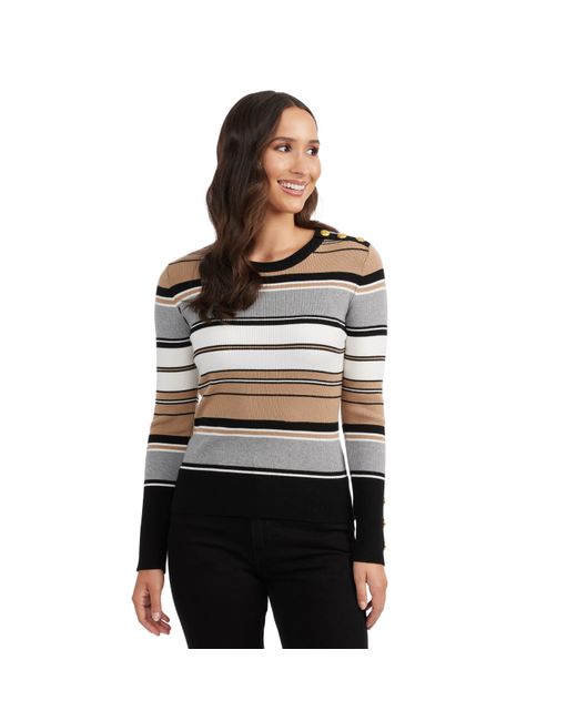Ellen Tracy Black Crew Neck Rib Sweater With Button Detail