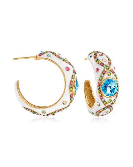 Ross-Simons Multicolored Crystal And Blue Swarovski Crystal Hoop Earrings With White Enamel In 18kt Gold Over Sterling