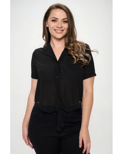 TRUEDAMES Black Plus Solid Chiffon Button Down Tie Front Short Sleeve Top
