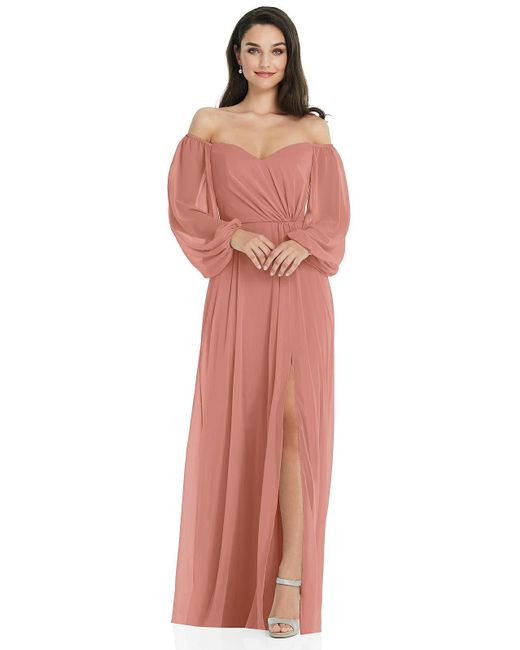 Dessy Collection Red Off-the-shoulder Puff Sleeve Maxi Dress With Front Slit