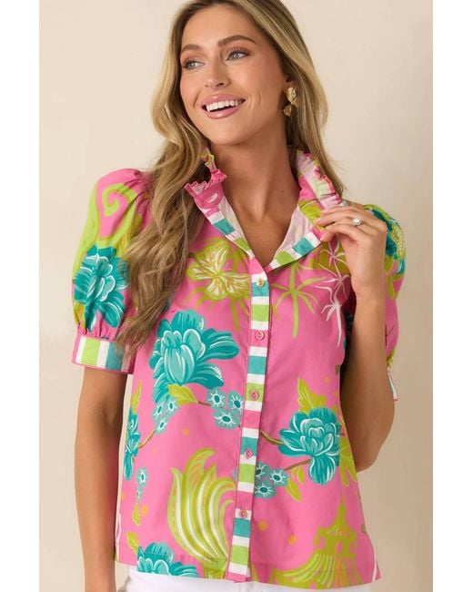 PROSPERINE® Pink Tropical Button Up Top