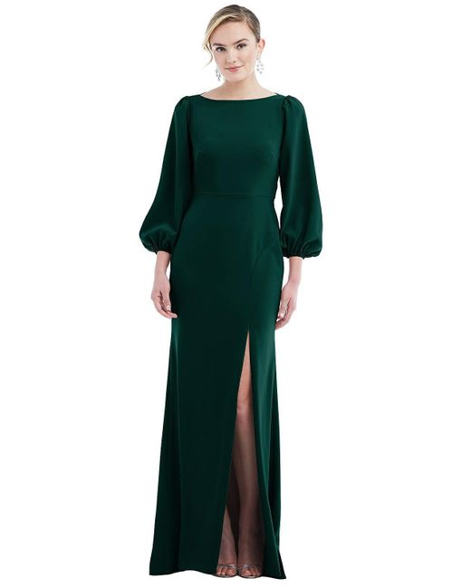 Dessy Collection Green Bishop Sleeve Open-back Trumpet Gown With Scarf Tie