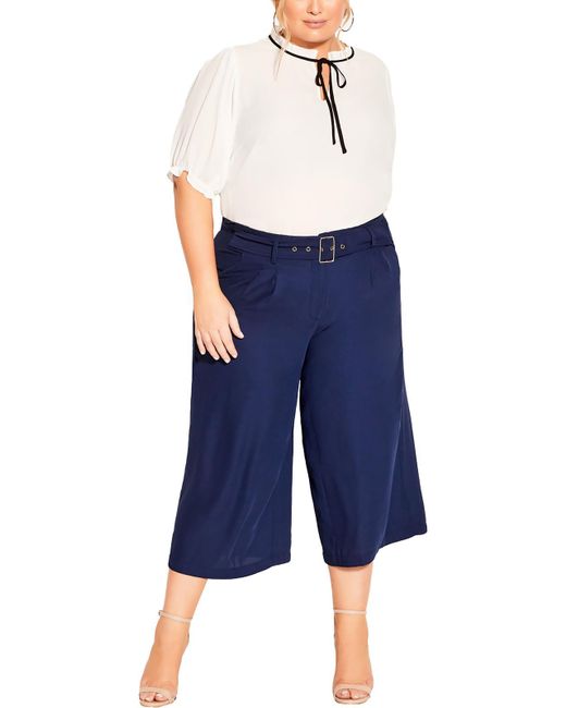 City Chic Blue Belted Polyester Wide Leg Pants