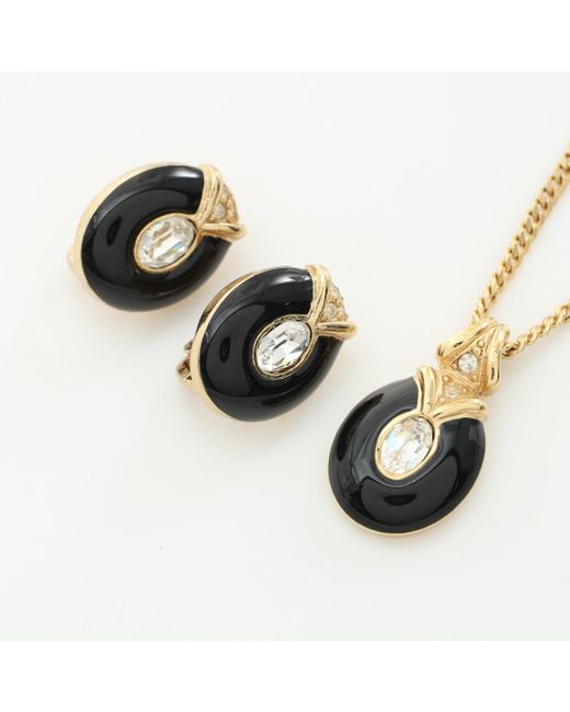 Dior Metallic Earrings Necklace Gp Rhinestone Gold Clear 2 Piece Set