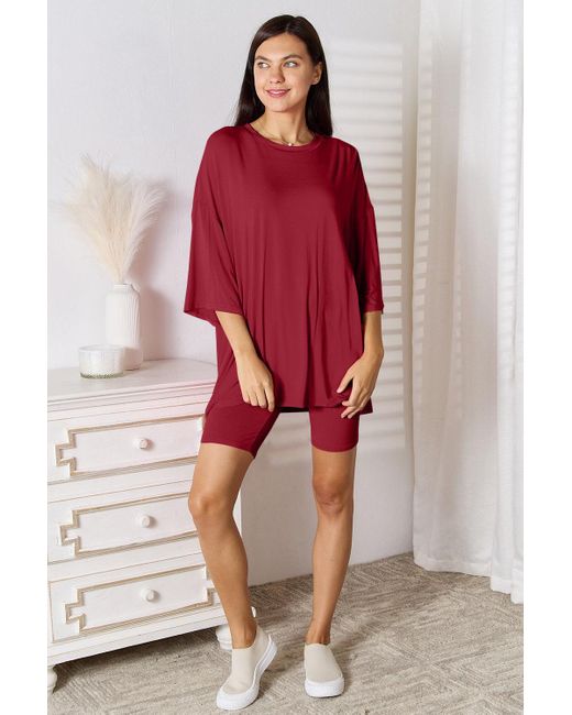 TRUEDAMES Red Full Size Soft Rayon Three-Quarter Sleeve Top And Shorts Set