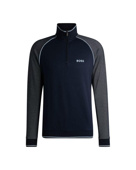 Boss Blue Zip-Neck Sweatshirt With Contrast Piping for men