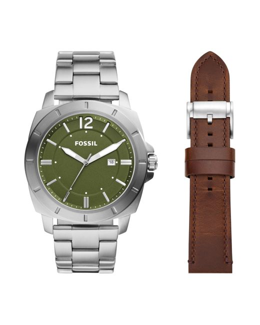Fossil Privateer Threehand Date, Stainless Steel Watch Set in Metallic