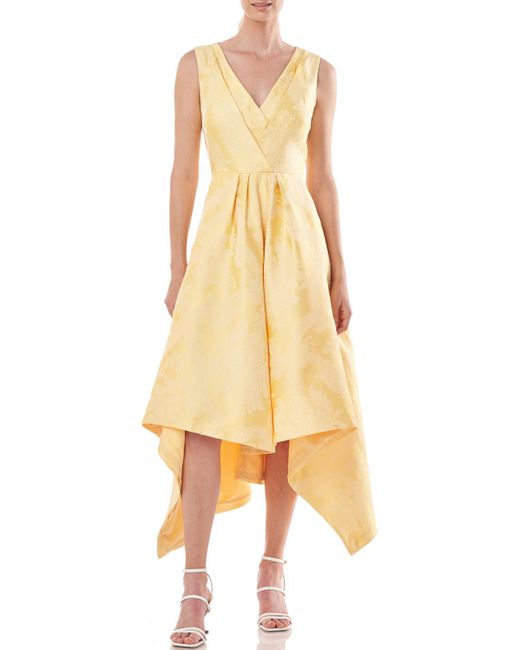 Kay Unger Yellow Floral Handkerchief Cocktail And Party Dress