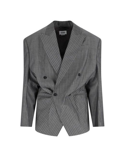 Hed Mayner Gray Double-Breasted Tailored Blazer With Pinstripe Pattern And Draped Details for men
