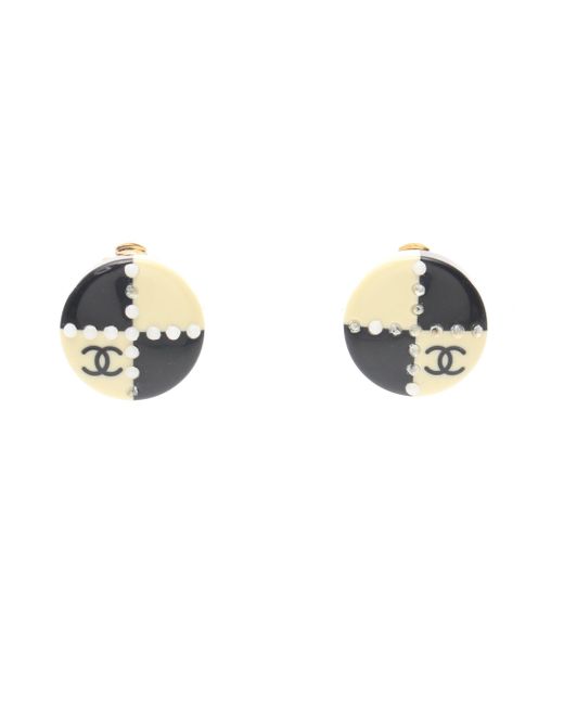 Chanel Metallic Coco Mark Earrings Gp Rhinestone Gold Ivory 02a
