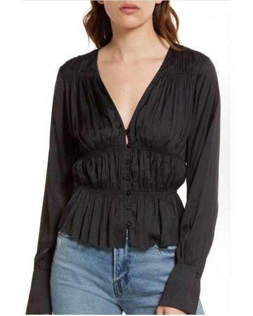 FRAME Women's Black Shirred V-Neck Blouse