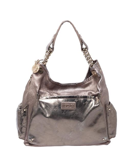 Versace Gray Metallic Leather Pocket Shoulder Bag