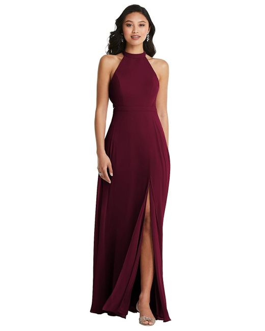 Dessy Collection Red Stand Collar Halter Maxi Dress With Criss Cross Open-back