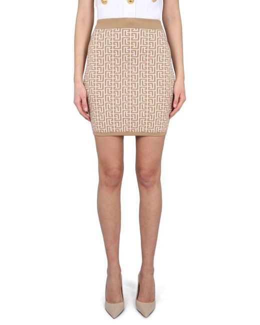 Balmain Natural Fitted Mini Skirt With All-Over Pattern