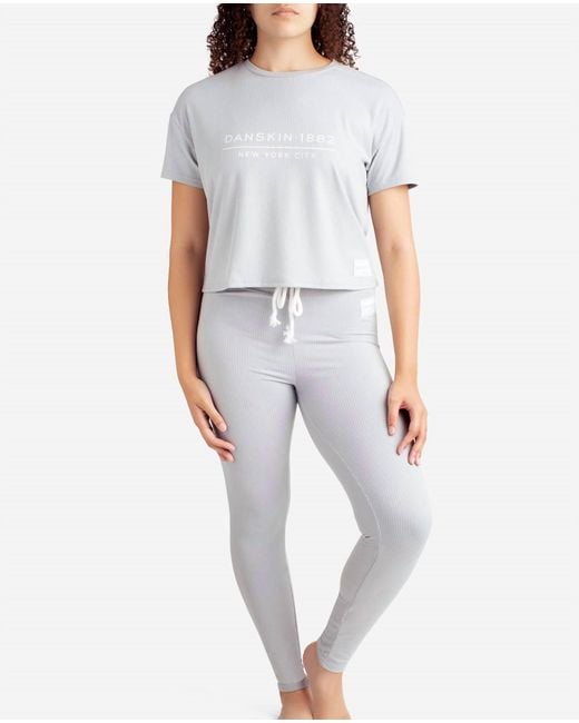 Danskin Gray Ribbed Boxy Raglan Tee Sleep Set With High Waisted Leggings