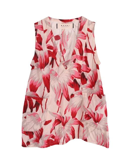 Marni Red Floral-Printed Sleeveless Top