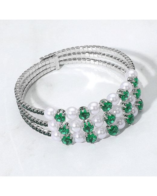 Fashnzfab Metallic Pearl Stone Bezel Point Rhinestone Paved Split Adjustable Evening Bracelet Emerald