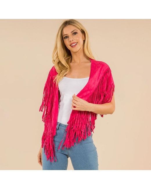TRUEDAMES Red Faux Suede Open Front Western Tassel Shawl Poncho