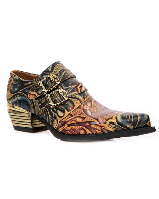 New Rock Brown M-7960-S14 Embossed Vintage Shoes Leather for men