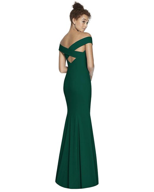 Dessy Collection Green Off-the-shoulder Criss Cross Back Trumpet Gown