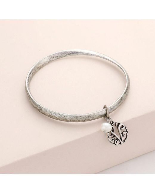 Fashnzfab Natural V- Initial Monogram Pearl Charm Bangle Bracelet Burnished
