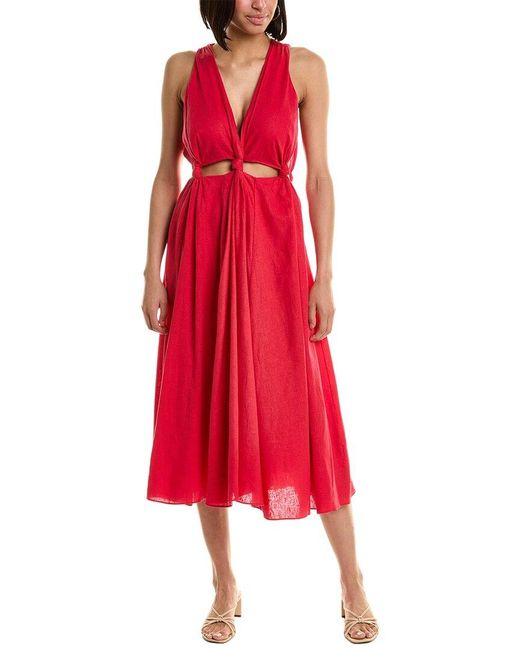 Farm Rio Red Cutout Linen-blend Midi Dress